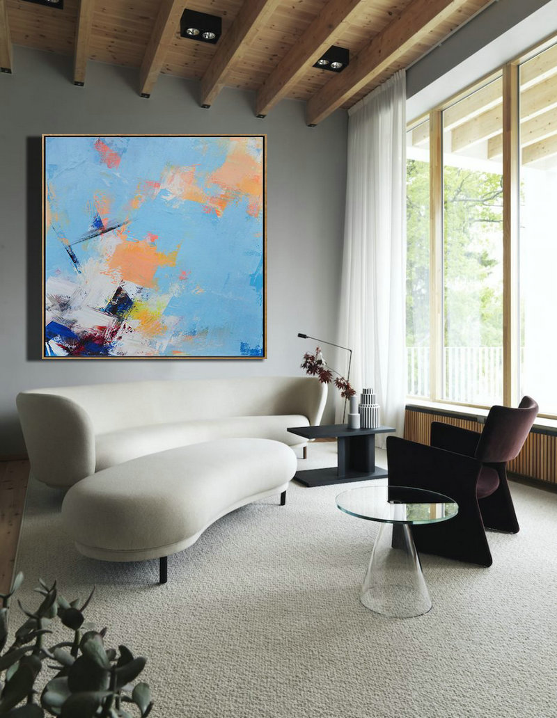 Large Abstract Painting,Palette Knife Contemporary Art Canvas Painting,Big Living Room Decor,Sky Blue,Yellow,White,Dark Blue.etc